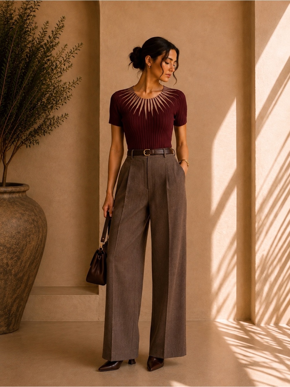 Commense Burgundy Short Sleeve Knit Top XS | Minimalist Fall Basic